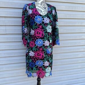 Boston Proper Floral Embroidered Black Shift Dress with Pink & Blue Flowers